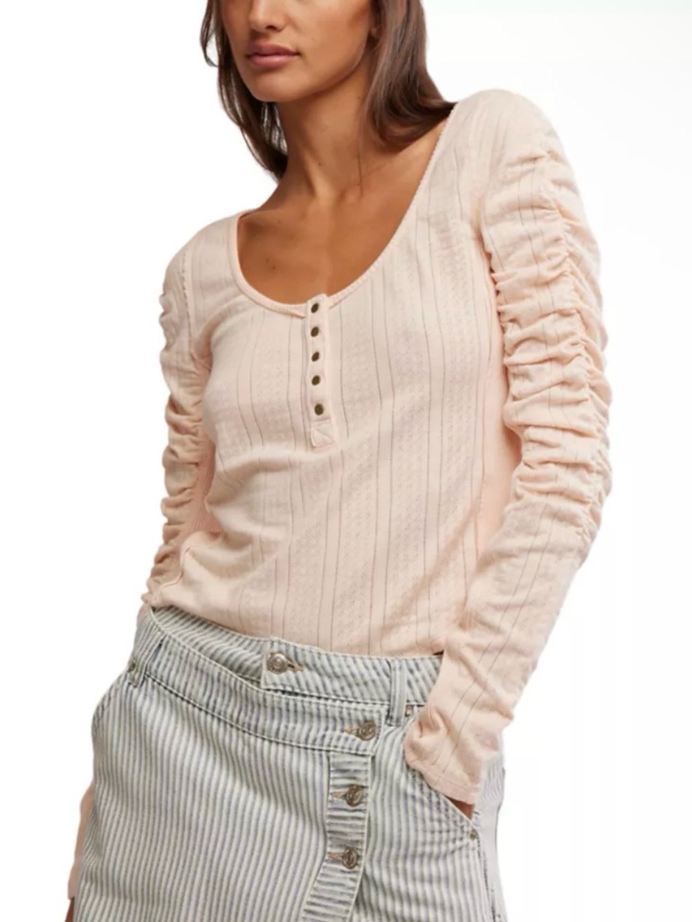 Free People Hope Henley Top Strawberry Float Pink Ruched Sleeve NWOT $78